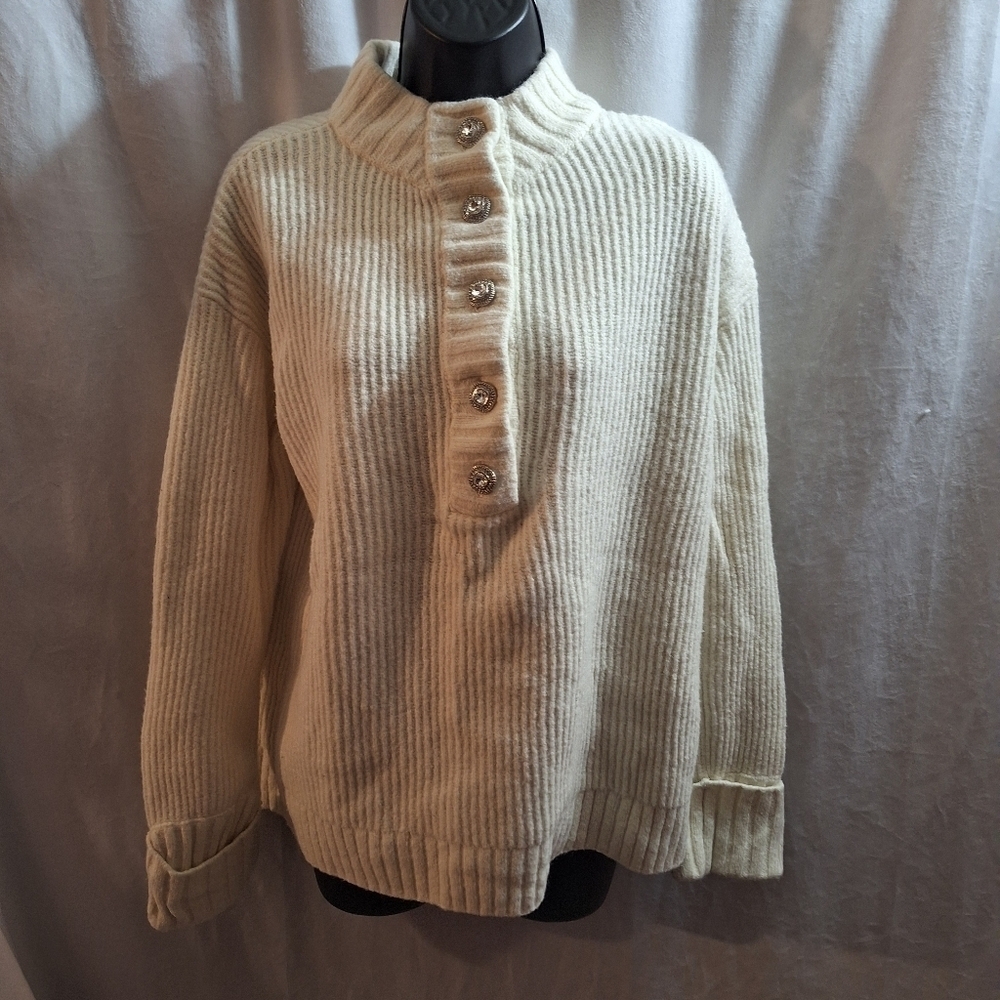 White Ribbed Button-Up Sweater